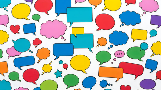 A vibrant assortment of colorful speech and thought bubbles scattered in a chaotic pattern, isolated on white background