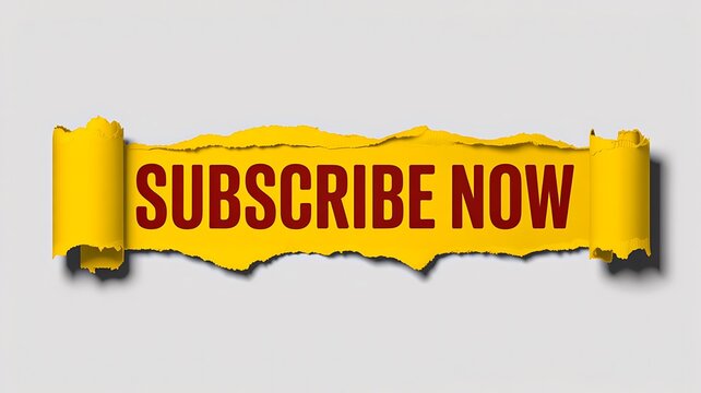 Subscribe now banner design with bold red text on a golden ribbon for digital marketing and promotional communication