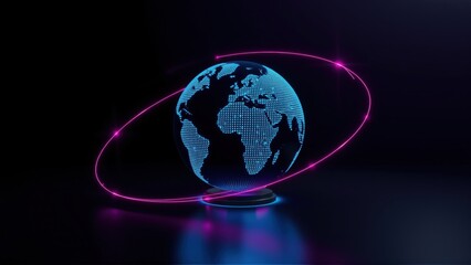Plakat Digital globe floats above dark surface. Bright neon rings orbit planet. Futuristic technology concept, global network visualization.