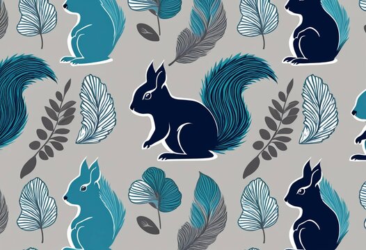 Cute Blue and Teal Squirrel Pattern Seamless Background Illustration