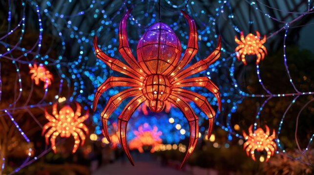 Vibrant illuminated spider decorations hang in a web of glowing blue lights, creating a festive and enchanting nighttime display.