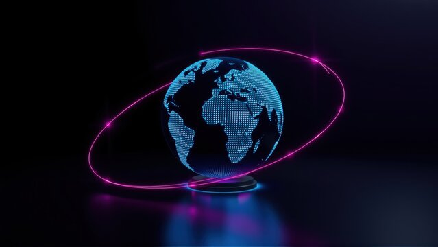 Digital globe floats above dark surface. Bright neon rings orbit planet. Futuristic technology concept, global network visualization.