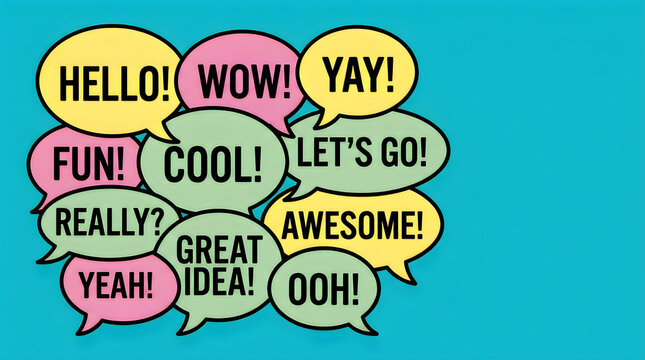 Colorful speech bubbles with various expressions and text against a vibrant blue background