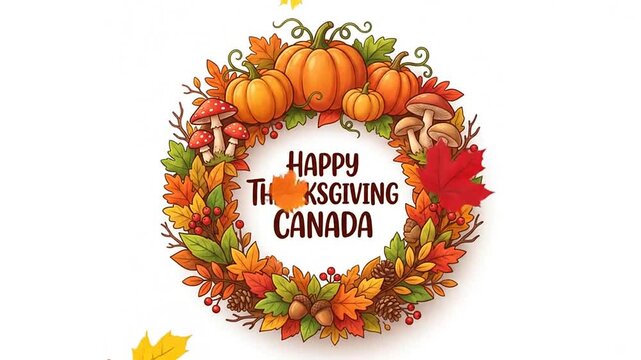Animated autumn thanksgiving wreath with falling leaves and pumpkins