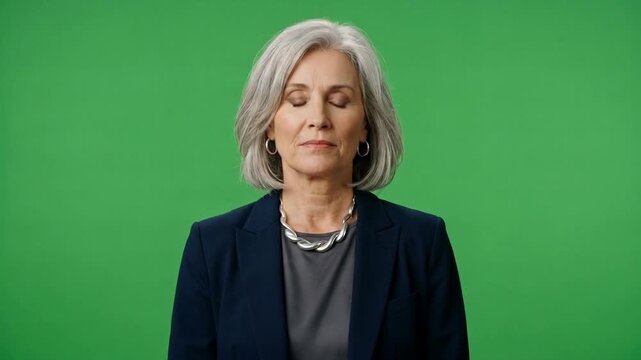 Mature woman in a dark suit adjusts her necklace while facing the camera against a bright green studio background in a portrait