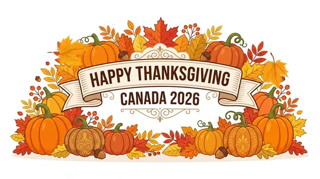 Animated Happy Thanksgiving banner with autumn pumpkins and seasonal leaves