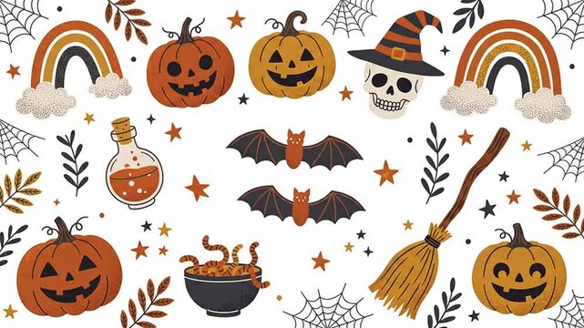 Animated halloween doodle pattern with cute pumpkins bats and skull