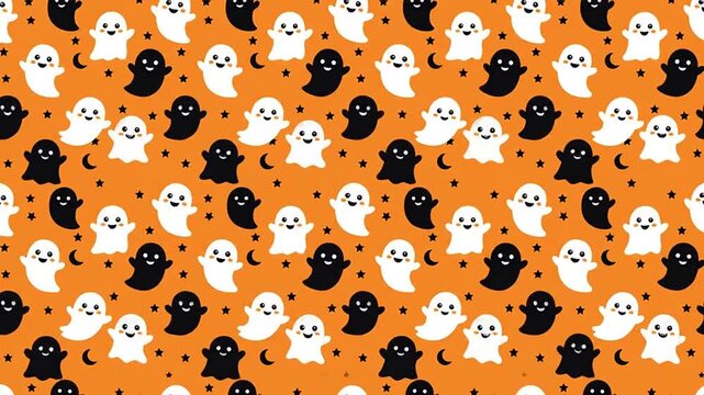 Cute cartoon ghosts repeating pattern background animation in orange