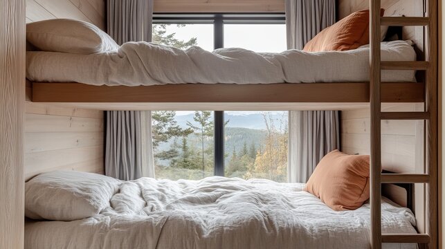 Cozy loft bedroom with a wooden bunk bed overlooks a snow-covered mountain landscape, showcasing a relaxing concept