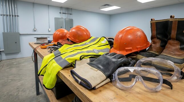 Comprehensive personal protective equipment strategically arranged on a sturdy workbench, emphasizing crucial workplace safety protocols and construction site readiness