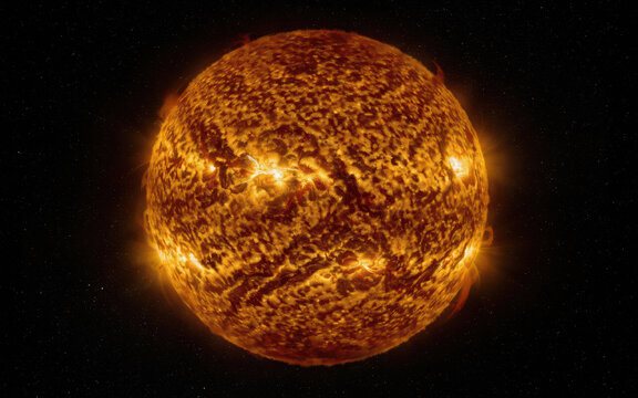 Glowing sun in deep space, fiery solar surface with flares, hot burning star sphere