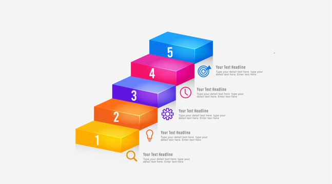 Modern 5 options isometric 3D block stair process diagram infographic vector graphic design