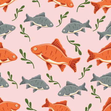 Illustrated fish and seaweed seamless pattern background