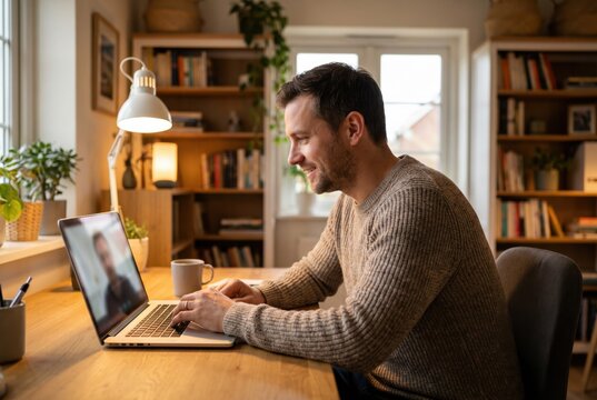 Man Attending Online Video Call From Home Office
