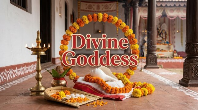Divine goddess typography inside floral circle with brass lamp and conch shell on traditional indian home floor hallway.