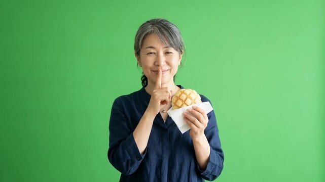 Mature woman holding a patterned bowl and making a quiet gesture against a bright green studio background