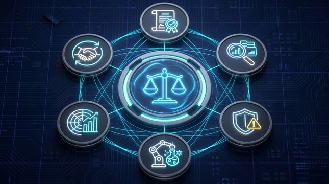 Glowing legal scale icon centered among six technological buttons representing diverse business compliance legal services in vibrant blue neon lights