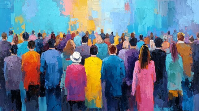 Colorful diverse crowd of people seen from behind in vibrant abstract style representing unity, inclusion, community, diversity, connection, equality, and collective identity