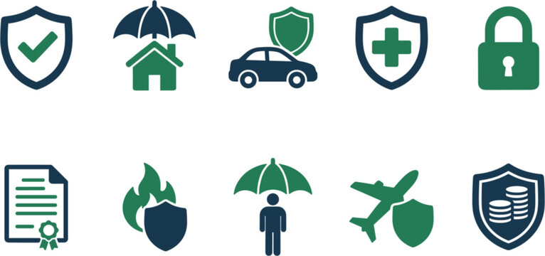 Set of insurance and protection icons including home, car, health, travel, and financial security symbols
