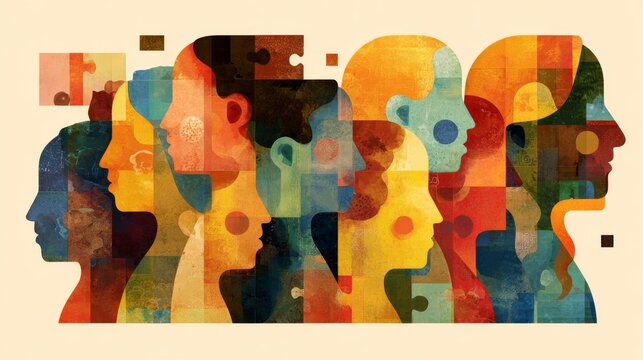 Colorful puzzle pieces representing diverse human profiles and connections, symbolizing unity, inclusion, community, equality, collaboration, belonging, and human diversity on a soft beige background