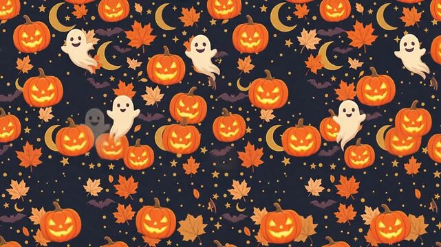 Halloween seamless background pattern animation featuring glowing pumpkins and ghosts