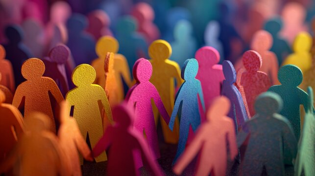 Colorful paper people crowd representing diversity and unity with inclusive community, social connection, collective movement, and social media communication on a soft blurred background