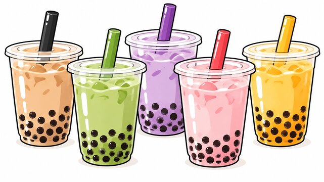 様々なフレーバーとカラフルなストローが特徴的な5種類のタピオカドリンクのイラストセット