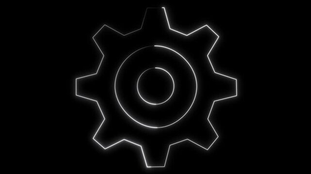 Gear icon rendered in a minimalist white neon glow stands out clearly against the dark void, representing mechanical simplicity, industrial design clarity, and essential engineering functionality for.