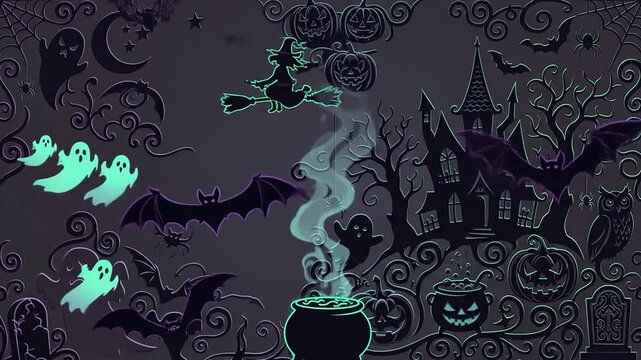 Halloween spooky animation background with glowing ghosts bats and witch flying