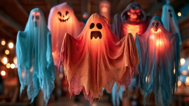 Hanging colorful ghost decorations with eerie faces glowing in a dimly lit room, perfect for Halloween ambiance and spooky celebrations.