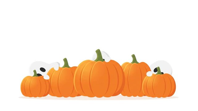 Cute animated ghosts waving behind orange pumpkins for Halloween