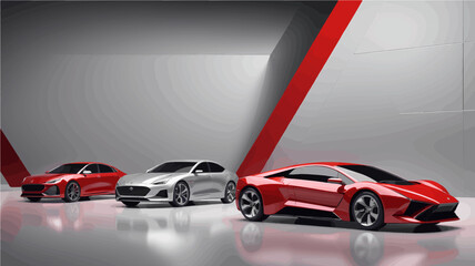 Fototapeta premium Three sleek, modern sports cars displayed in a minimalist studio with red accents.