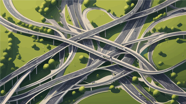 An aerial view of a complex highway interchange with multiple levels and curving roads surrounded by green grass and trees.