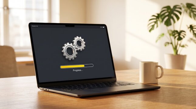 Modern laptop screen displaying an active yellow loading progress bar with silver mechanical gear icons on a dark charcoal interface