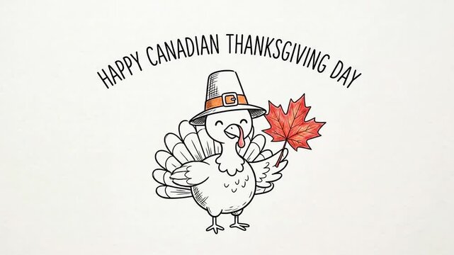 Cute cartoon turkey wearing pilgrim hat holding red leaf holiday