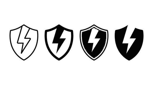 Set of black and white thunderbolt shield vector graphic icons presented flatly on white background
