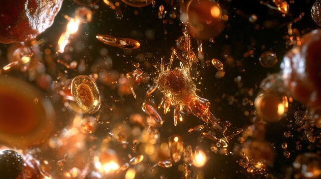 Visual representation shows metabolic signals from gut ecosystem that affect energy harvest and fat storage in the body at a cellular level.