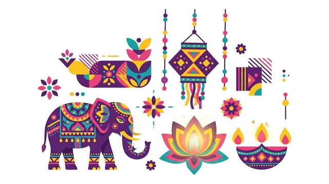 Animated festive elements with elephant and lotus on white background
