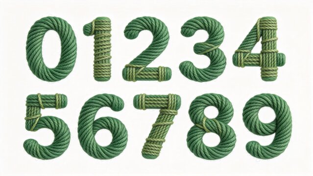 Green twine rope numerals zero to nine, handmade tied 3D typography set isolated on white background