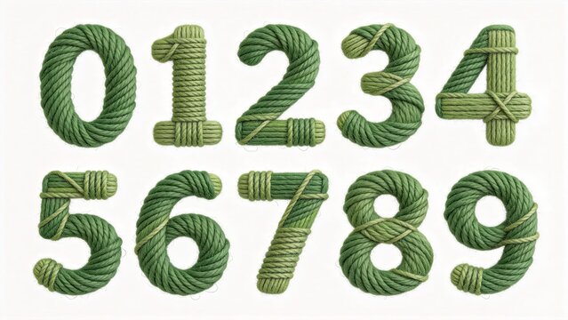 Green twine rope numerals zero to nine, handmade tied 3D typography set isolated on white background