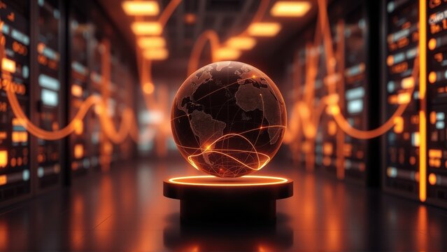 Glowing earth suspended within server room. Network connections illuminate digital infrastructure, representing global data flow.