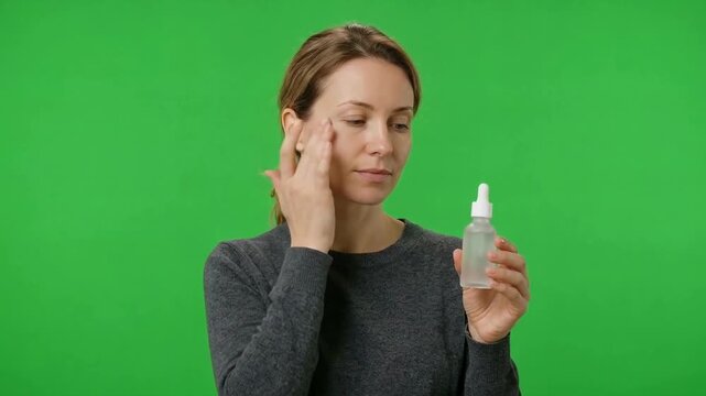 Woman applying skincare serum to her cheek while holding a dropper bottle against a bright green studio background