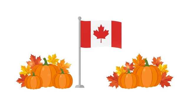 Animated flag waving on pole with autumn pumpkins and leaves