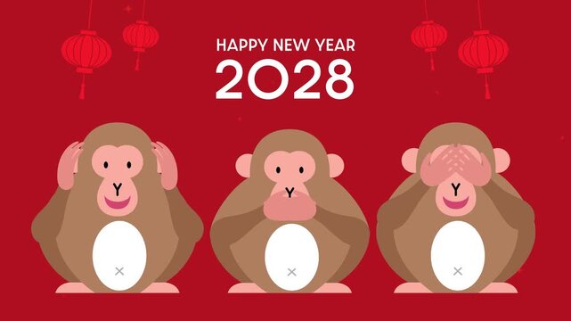 Three wise monkeys cartoon animation. Horizontal video to celebrate Chinese New Year of the Monkey 2028.