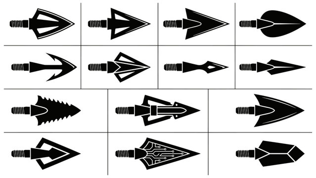 Set of various arrowhead designs for archery and hunting equipment