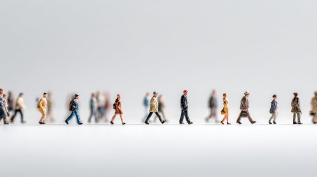 Miniature diverse people figures walking together on white background representing crowd dynamics social behavior community interaction diversity inclusion unity and collective movement