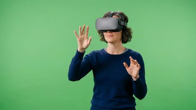 Woman wearing a virtual reality headset gestures with both hands against a bright green background, demonstrating an immersive digital experience