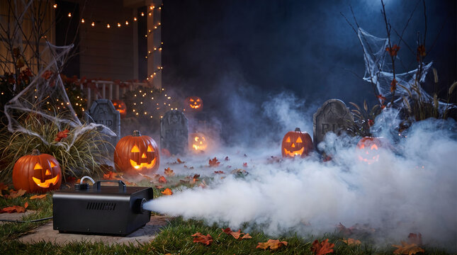 Fog machine creating spooky mist in a Halloween yard display  