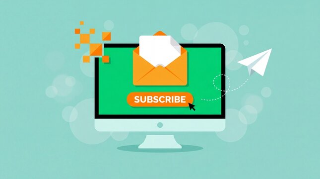 A computer screen showing a newsletter subscription button with an envelope with monitor displays subscribe light green background envelope icon flying