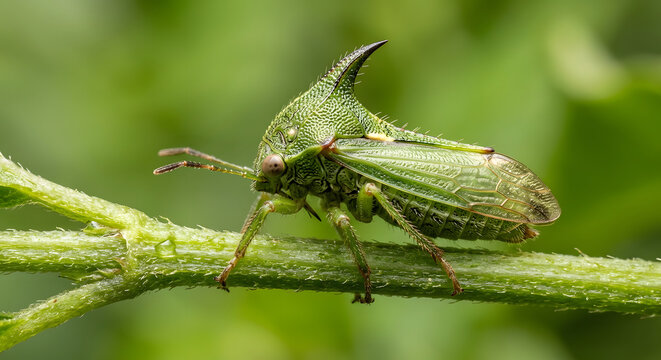 Green Treehopper Resting on Plant Stem in Natural Habitat Macro Wildlife Photograph
